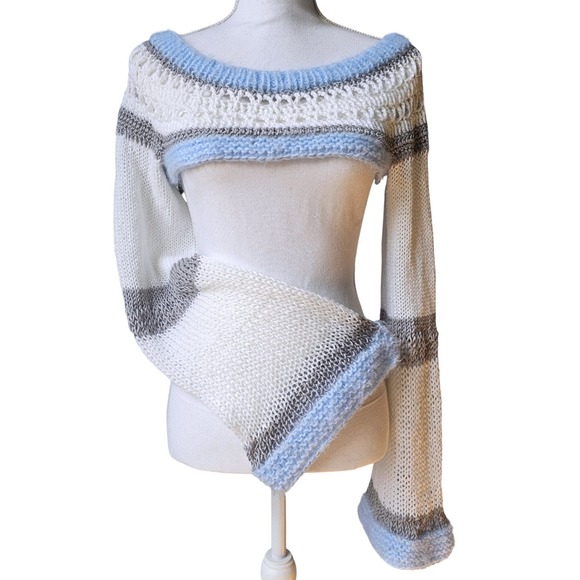 Crochet Knit Shrug Bolero Arm Warmers Sleeve Top Striped Blue White Gray - Picture 1 of 7